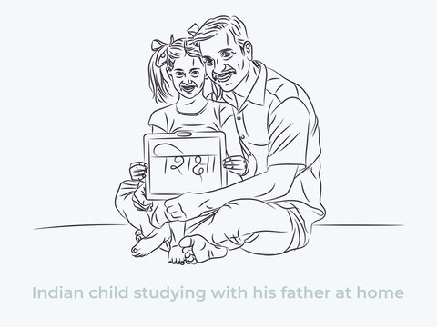 Indian child studying with his father at home line art illustration