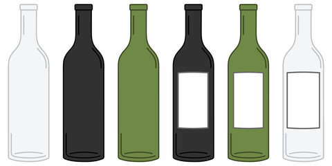 Clear, Black and Green Wine Bottle Clipart Set