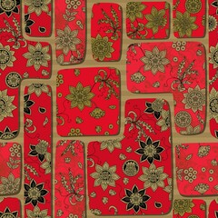 Fanastic pattern in Russian folk style with golden flowers and leaves on a red background. Seamless volumetric patchwork ornament. Print for fabric wallpaper. - 449454987