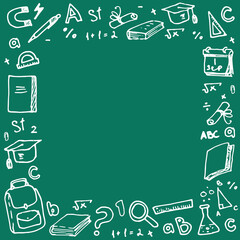Vector template of school supplies on a green blackboard background. A square frame made of a backpack, rulers, notebooks, letters, a cap of graduates, a flask of doodle a white contour with an empty 
