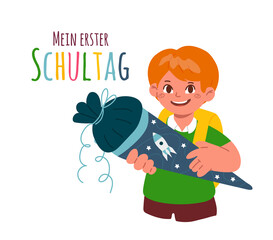 A firstgrader boy holding a school cone,schultuete.Text in German-my first day of school.Enrolment,german tradition.
