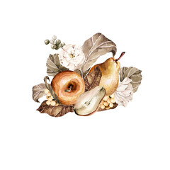 Watercolor floral bouquet. Hand painted autumn leaves, fall flowers, berries, apple, pear. Isolated on white background. Botanical illustration for design, print, social media, halloween, thanksgiving