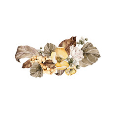 Watercolor floral bouquet. Hand painted autumn white, yellow flowers, fall dried leaves, leaf, berries. Botanical illustration for design, print, social media, halloween, thanksgiving day, harvest