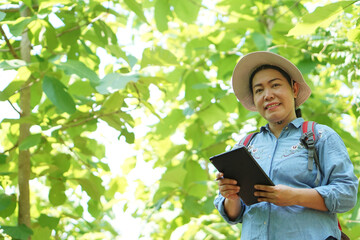 Asian female backpack hiker travel alone in forest , take photos, survey and collect information of...