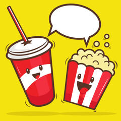 Vector illustration of Popcorn and Soft Drink as Cute Character with bubble text above them on yellow background. Movie time. Cute cartoon. Cute mascot. Food and drink. Happy face.