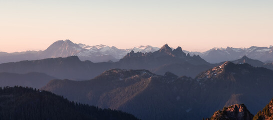 Panoramic View of Rocky Canadian Mountain Landscape. Sunny Summer Sunset. Aerial Scene from Mnt Brunswick, near Vancouver and Squamish, British Columbia, Canada.