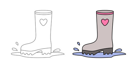 Woman's rubber boot that stepped in a puddle in a simple flat graphic outline style. Isolated vector female waterproof shoe. Linear and color hand-drawn illustration of autumn footwear for rain