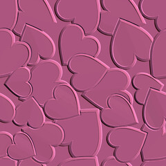 Embossed 3d love hearts seamless pattern. Surface relief 3d love ornaments with embossing effect. Embossed 3d background. Textured romantic design with volume love hearts. Vector endless texture