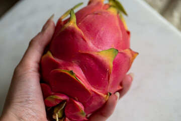 Fruit exotique à pelure rose entier dans la main d'une femme en lumière naturelle