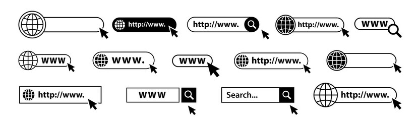 Set of www, globe and search bar elements. Globe with cursor icons, browser bar, WWW, mouse cursir, search. Vector illustration.