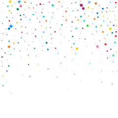 Watercolor confetti on white background. Actual rainbow colored dots. Happy celebration square colorful bright card. Good-looking hand painted confetti.