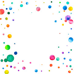Watercolor confetti on white background. Admirable rainbow colored dots. Happy celebration square colorful bright card. Noteworthy hand painted confetti.