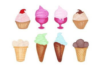 Ice cream of different tastes and colors, in various forms, in waffle cups, in tubes, in a vase on a white background for decoration, advertising, printing