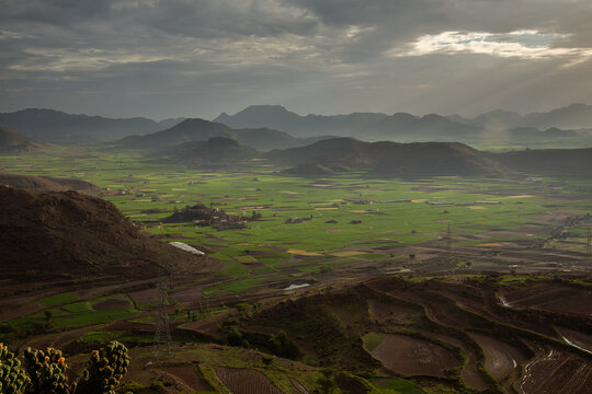 Beautiful sunrise in the morning in Ketab, Ibb government, Yemen. Yemen landscape view for tourism 