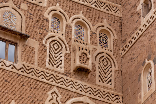 Dar al-Hajar in Wadi Dhahr, a royal palace on a rock. one of the most iconic Yemeni buildings. traditional Yemeni heritage architecture design details in historic Sanaa town and buildings in Yemen.