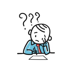 Stick figure in thinking posture. Stick man thinking about a solution to a question. Vector illustration isolated on white