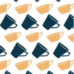 Vector pattern of tea cups. Silhouette. Orange and blue on a white background. Minimalism