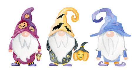 Halloween banner for social networks cute watercolor gnomes with pumpkins