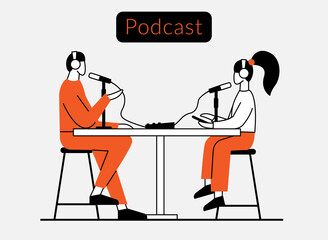A guy and a girl are sitting at a table with headphones on and recording a podcast in the studio. Minimalistic style