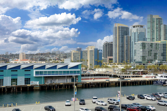 The Broadway Pier Ferry Terminal building and Pacific gate area in San Diego, California