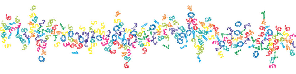 Falling colorful sketch numbers. Math study concept with flying digits. Powerful back to school mathematics banner on white background. Falling numbers vector illustration.
