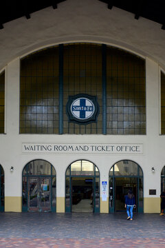 The Santa Fe AMTRAK train depot waiting room and ticket office building in downtown San Diego, California