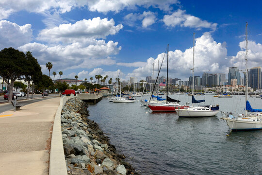 Small boats anchored in the Bravo dock area along Harbor Drive in San Diego, CA