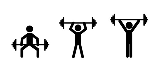 man with a barbell in various positions, pictogram, figure of a weightlifter isolated on a white background, sports, healthy lifestyle - obrazy, fototapety, plakaty