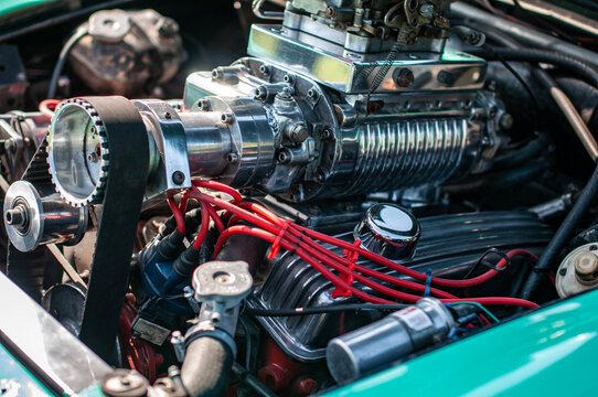 supercharged engine of a classic car