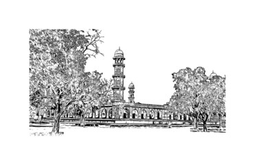 Building view with landmark of Lahore is the 
city in Pakistan. Hand drawn sketch illustration in vector.