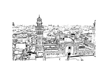 Building view with landmark of Lahore is the 
city in Pakistan. Hand drawn sketch illustration in vector.
