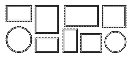 Postage stamp retro empty frame set. Blank banners vintage icon border postmark pack. Document and package, letter insignia round, square stamp. Template imprints symbol delivery correspondence label