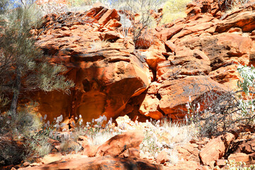 Beautiful Kings Canyon in the Northern Territory, Australia, featuring amazing dark red rock formations and australian forest