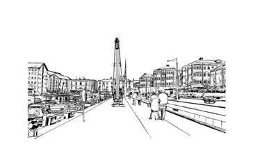 Building view with landmark of Gloucester is a coastal city in Massachusetts.. Hand drawn sketch illustration in vector.