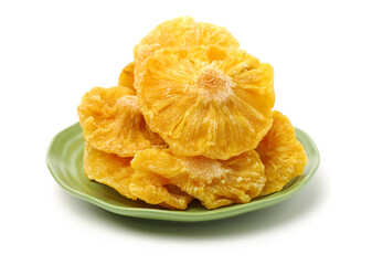 Dried pineapple rings on white background