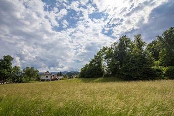 Obraz premium Residential house, a slovenian chalet building, in the middle of a mountain glade, a clearing in the middle of a forest of the julian alps in Slovenia, in Bled...
