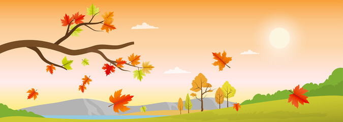 Naklejka na ściany i meble Countryside landscape panoramic in autumn season, Autumn landscape vector illustration for banners background with mountains, hills, village houses and maple trees fallen with yellow foliage.