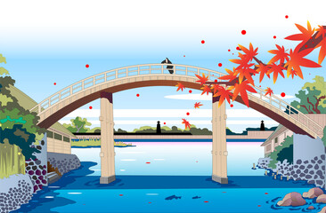 紅葉の秋と浮世絵の橋の風景イラスト