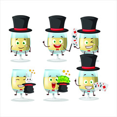 A white wine Magician cartoon character perform on a stage. Vector illustration