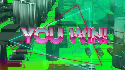 Animation of pink metallic text you win, over neon lines, on green computer motherboard