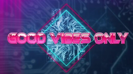 Animation of pink metallic text good vibes only, on neon lines, over glowing computer motherboard - Powered by Adobe