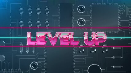 Animation of pink metallic text level up, over neon lines, on grey interface