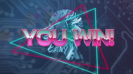 Animation of pink metallic text you win, on neon lines, over glowing computer motherboard - Powered by Adobe