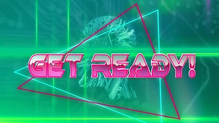 Animation of pink metallic text get ready, over neon lines, and glowing computer motherboard - Powered by Adobe