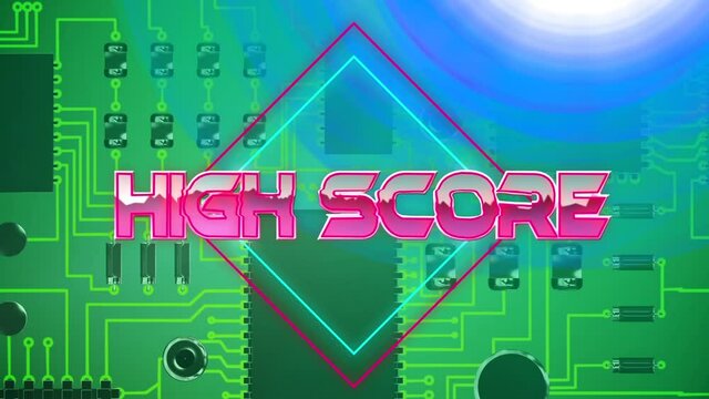 High score text on neon squares against close up of microprocessor connections on green background