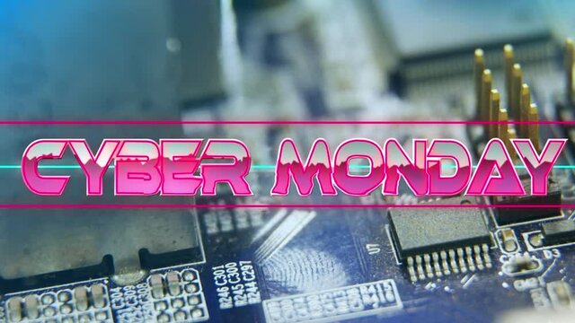 Cyber monday text on neon banner against close up of microprocessor connections on motherboard