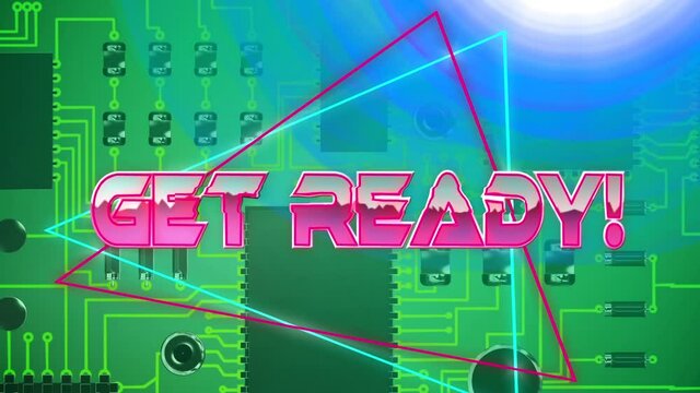Animation of pink metallic text get ready, over neon lines, on green computer motherboard