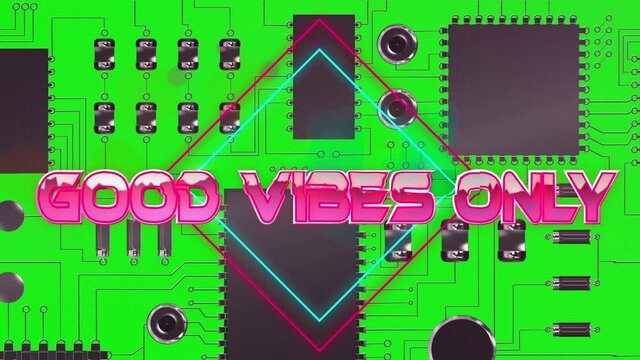 Animation of pink metallic text good vibes only, over neon lines, on green computer motherboard