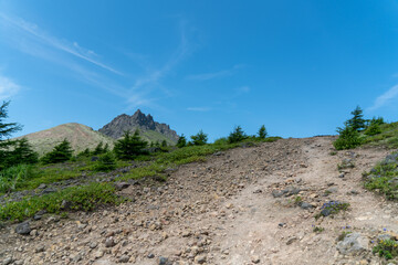 北海道森町、鹿部町、七飯町の北海道駒ヶ岳を登山する風景 Scenery of climbing Mt. Hokkaido-Komagatake in Morimachi, Shikabe-cho, and Nanae-cho, Hokkaido.