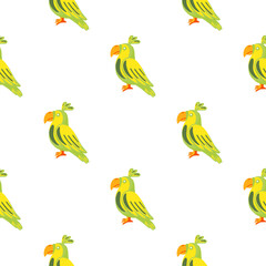 Obraz premium Isolated doodle seamless pattern with green and yellow parrots bird ornament. White background.